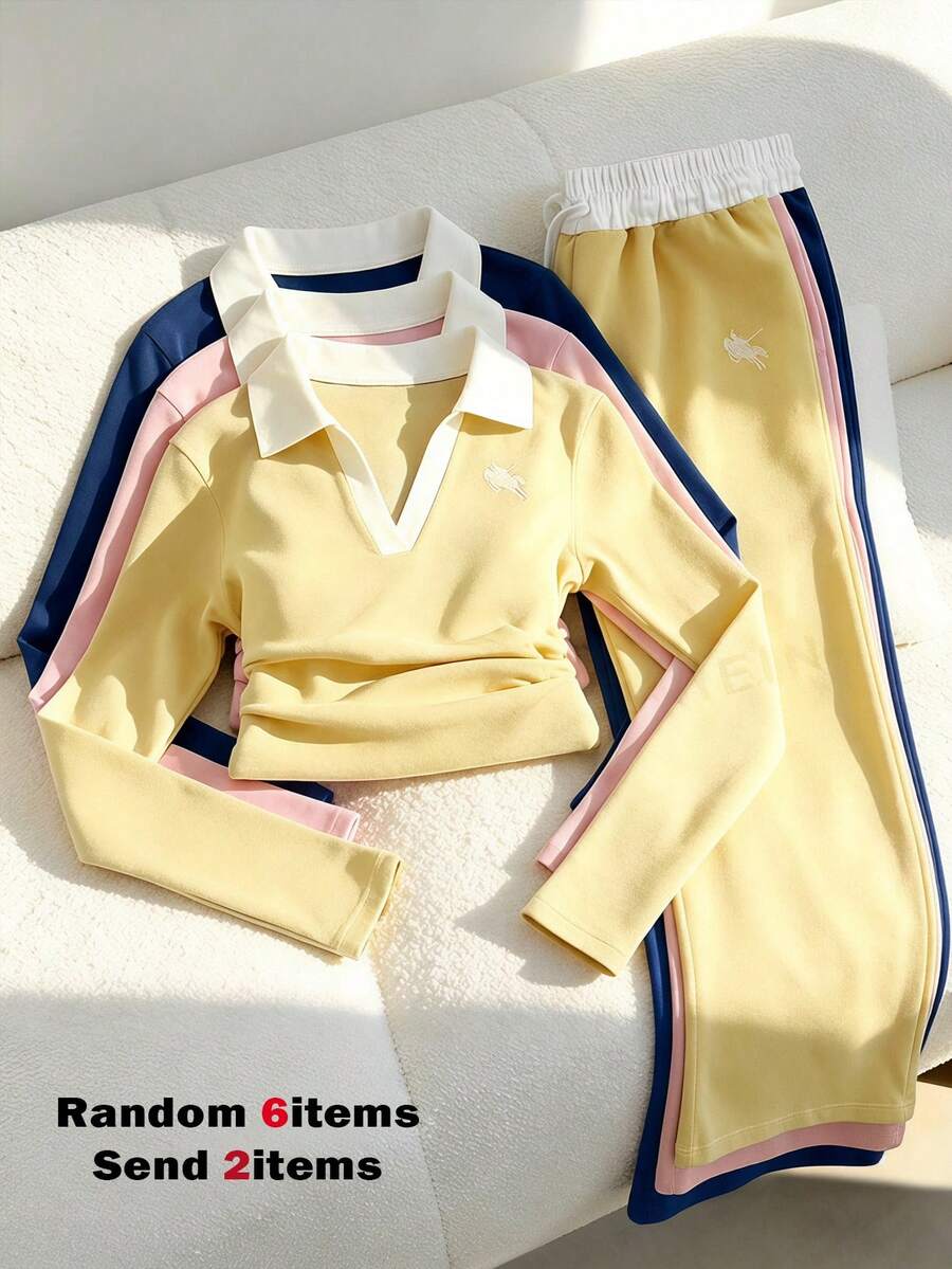 SHEIN Explorewe 青少年女孩騎士刺繡長袖T恤與抽繩腰長褲套裝 - 黃色 - 查看 1