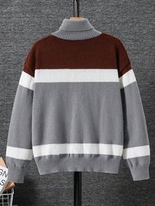 SHEIN Teen Boy Color Block Patchwork Turtleneck Autumn Sweater - Multicolor - View 3