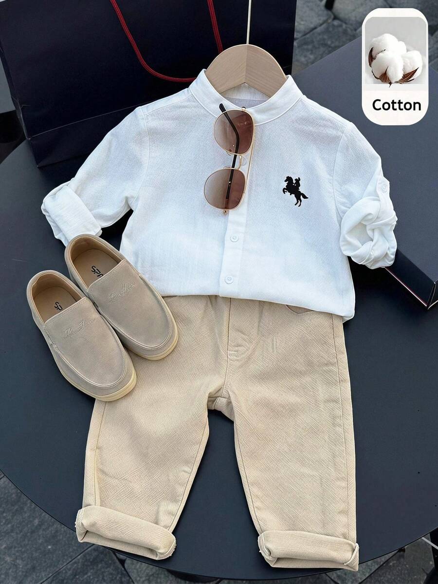 SHEIN 兒童小男孩/小女孩 2件組 100%純棉春夏秋時尚休閒長袖上衣與長褲套裝，小男孩夏季服飾套裝，Squishy