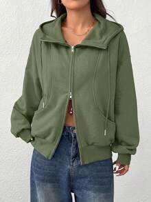 SHEIN EZwear 女款前拉鍊長袖口袋連帽衫 - 軍綠色 - 查看 6
