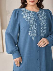Veilorie Plus Size Elegant Fashion Embroidered Single-Breasted Shirt For Vacation And Dating - Blue - View 3