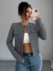 Modelyn Spring/Autumn Simple Fashion Elegant Round Neck Metal Button Slimming Versatile Daily Commute Women's Jacket - Grey - View 6