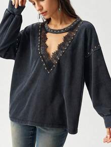 Bohemela Women's Fall Casual Black Washed Knit Long Sleeve Sweatshirt/Halloween/Back To School/Going Out/Y2K/Holiday - Black - View 3