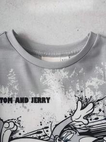 TOM & JERRY X SHEIN 男嬰圓領字母卡通印花短袖T恤與短褲休閒日常套裝 - 白色 - 查看 4