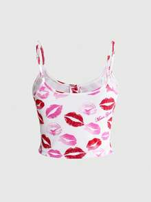 Mean Girls | ROMWE Set Piyama Kasual Wanita: Camisole dan Celana Pendek dengan Motif Logo Bibir di Seluruh Permukaan - Putih - View 7