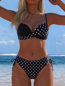 Swim Lushoire Women's Summer Beach Polka Dot Print Two-Piece Swimsuit, Random Print, Push-Up With Underwire - Black and White - View 1