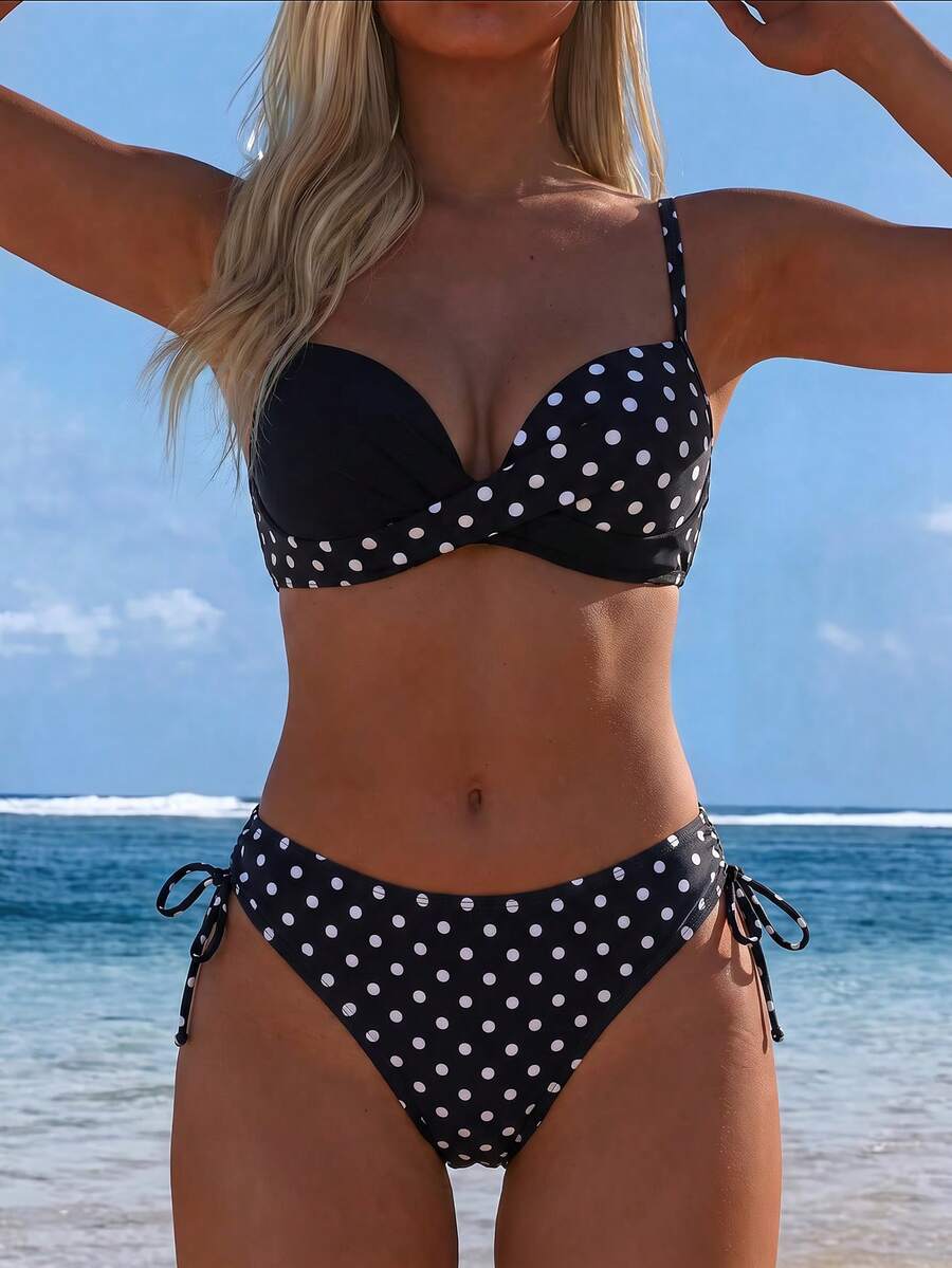 Swim Lushoire Women's Summer Beach Polka Dot Print Two-Piece Swimsuit, Random Print, Push-Up With Underwire - Black and White - View 1