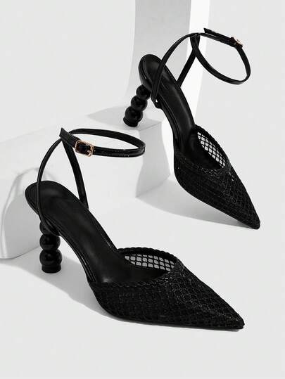 CUCCOO SZL Cool Black Mesh Yarn Gold Buckle Round Bead Heel Pointed High Heels