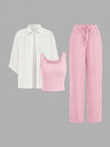 SHEIN Teen Girls Shirt Co-Ords Pink & White 3 Pieces Set Autumn Outfit 2024 New Style Elegant Sun Protection Shirt Blazer Wide Leg Pants - Pink - View 4