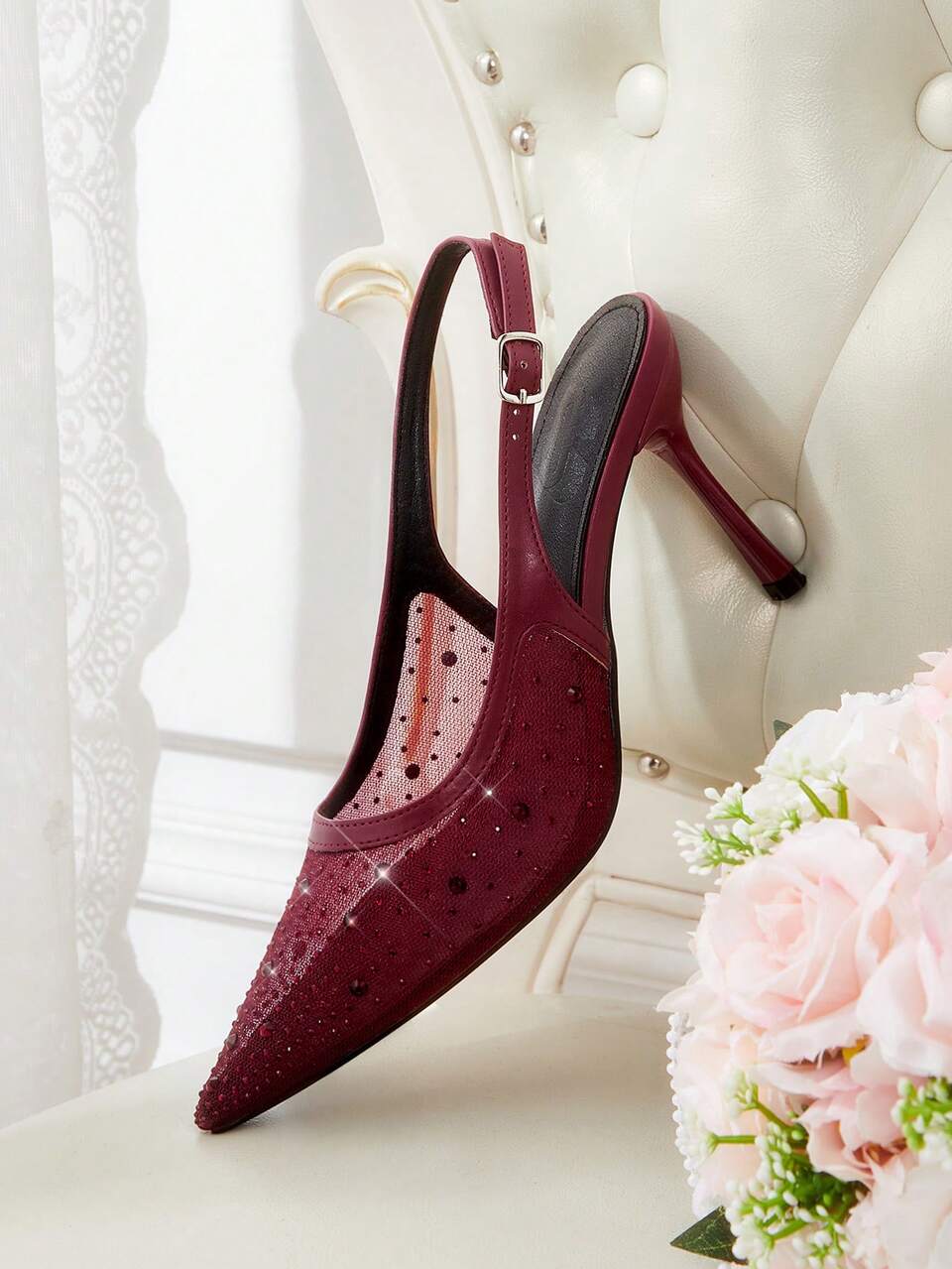 CUCCOO HITCHD Women's New Pointed Toe Burgundy Rhinestone Fashion Sexy Date Stiletto High Heels