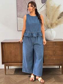 Lounesse Plus Size Ruffle Vest Denim Pants 2 Pieces Set Halloween Waist Wide Leg Capri Denim Loose Casual Denim Matching Outfit Country Vacation Summer Beach - Blue - View 8