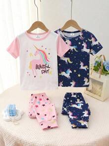 SHEIN 女童休閒極簡修身舒適圓領短袖長褲家居服套裝，4件組，適合春/夏 - 彩色 - 查看 4