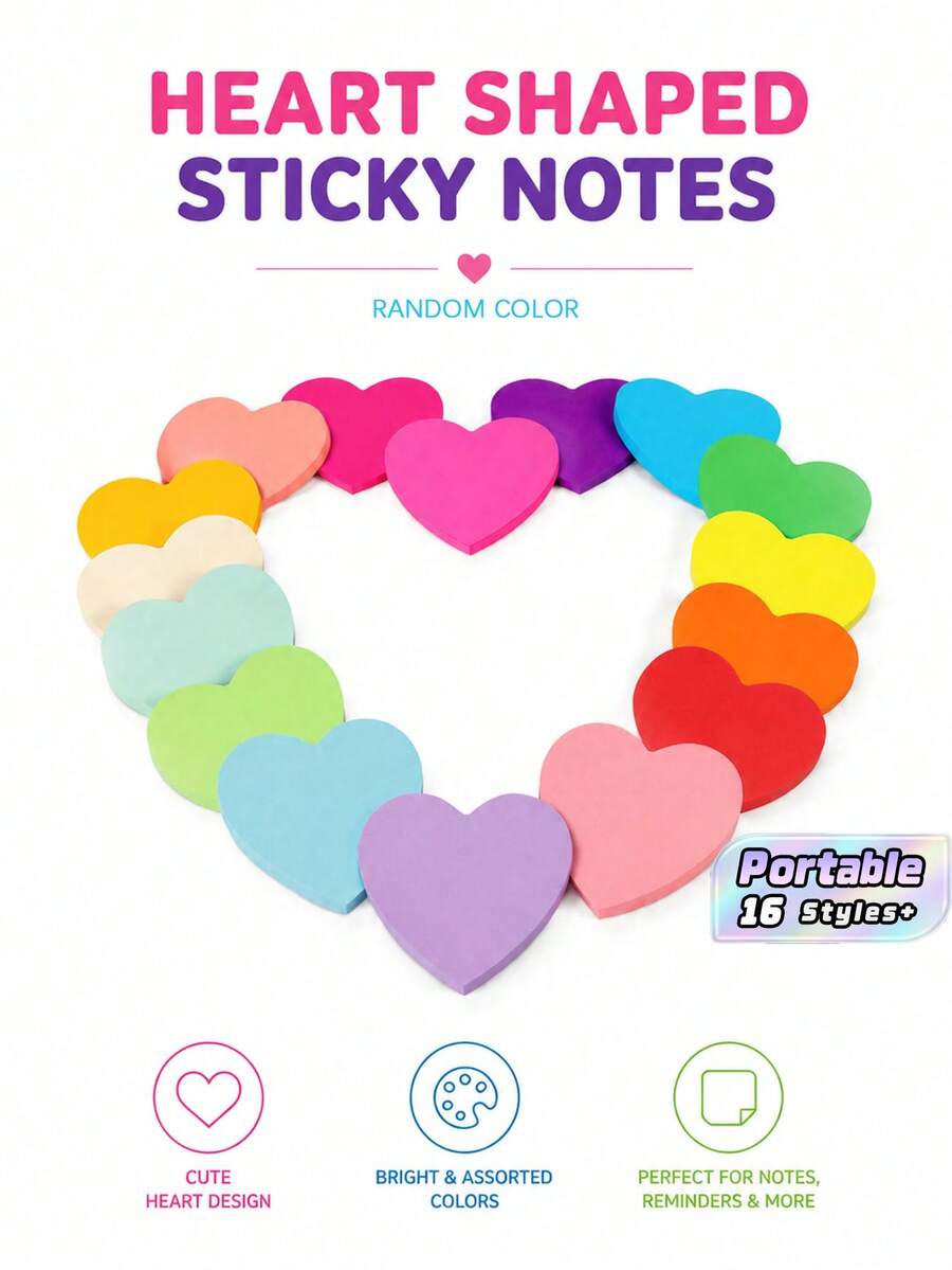 Heart Sticky Notes, Colorful Fluorescent Self-Adhesive Memo Pads Love Shape Notepads Random Color - multicolor - View 1