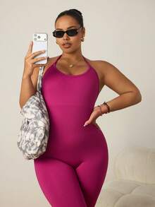 SHEIN Rhythm Era Women's Plus Size Backless Halter Neck Fitted Sports Jumpsuit - Violet Purple - View 2