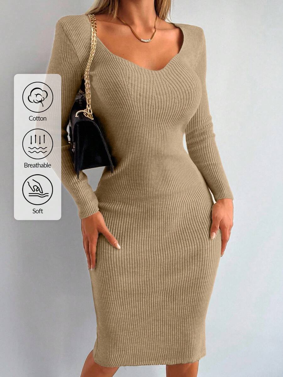 EURMUSE Vestido de punto acanalado de unicolor con escote en V para mujer, otoño/invierno - Camel - Ver 1