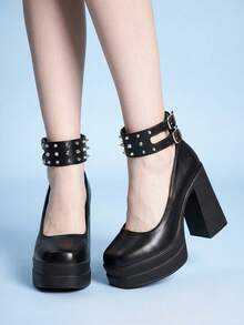 Sugerpunk Fashion Women's Platform High-Heeled Shoes, Punk Style Buckle With Rivet Inlay Design, Classic Sexy Suitable For Parties, Nightclubs, Festivals - Piano Black - View 2