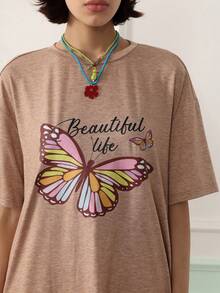 Chillnights Street Style Casual Butterfly Print Crew Neck Short Sleeve Women's Sleep Dress - Coffee Brown - View 4