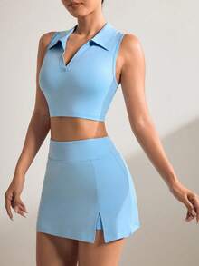 SHEIN 女款純色短版背心與口袋運動裙褲套裝 - 藍色 - 查看 3
