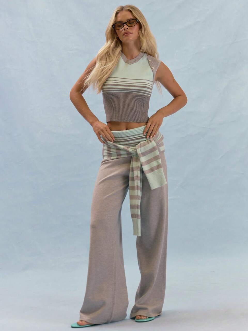 Grey Striped Knit Button Shoulder V-Neck Vest Top