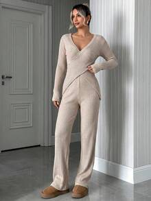 Cotton Ladies' Crisscross Ribbed Long Sleeve T-Shirt And Pants Two Pieces Set - Apricot - View 3