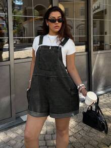 Dripcurv Plus Size Women's Pocket Casual Everyday Denim Romper - Black - View 4