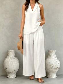 Hotletica V-Neck Halter Sleeveless Shirt Women, Summer Linen-Like Loose Camisole Top & Straight Loose Pants 2 Pieces Set - White - View 6