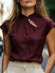 Trelyra Women's Solid Color Stand Collar Casual Versatile Daily Wear Top - Burgundy - View 3