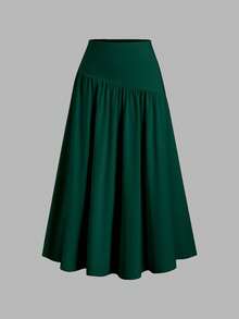 Sweetra Women's Spring/Summer Elegant Casual Commute Asymmetric Shoulder Ruched Waist Asymmetrical Hem Slit Short Sleeve Top & Comfortable Versatile Pleated Hem Long Skirt 2-Piece Set - Dark Green - View 5