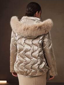 Anewsta Winter Detachable Fur Collar Hat Short Champagne Color Cotton Padded Coat - Champagne - View 4