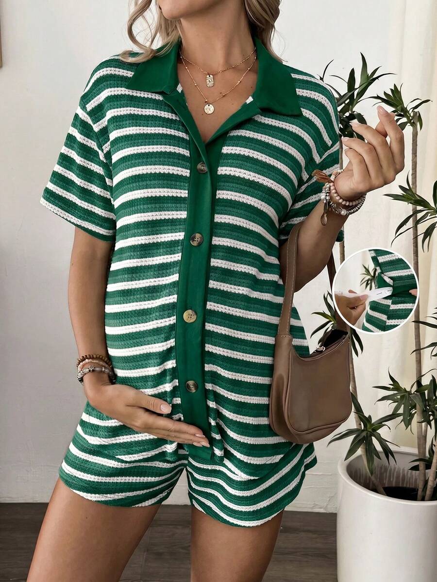 SHEIN 孕婦兩件套短袖漸層條紋上衣與鬆緊腰綁帶短褲 - 墨綠色 - 查看 1