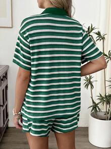 SHEIN 孕婦兩件套短袖漸層條紋上衣與鬆緊腰綁帶短褲 - 墨綠色 - 查看 2