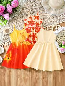 SHEIN 女童3件套洋裝，清新彩色花卉印花細肩帶A字軟質洋裝，充滿夏日活力與童年純真，適合外出、度假與夏季穿著 - 彩色 - 查看 4