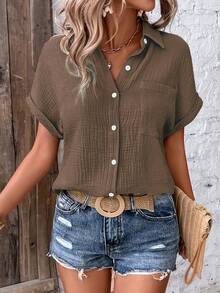 EMERY ROSE Camisa casual de botones de manga corta de unicolor con textura de tela para mujer, de verano - Café integral - Ver 5