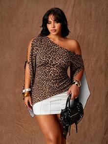 Rustia Plus Size Women Leopard Print Sexy One Shoulder Hollow Out Flare Sleeve Top - Brown - View 7