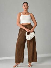 SHEIN Tall CURVE 大尺碼女款純色腰部綁帶直筒寬鬆長褲 - 棕色 - 查看 3