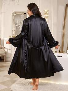 MuseNap CURVE Satin Long Camisole Dress With Fur Trim Neckline And Waist Tie, Plus Size Nightgown - Black - View 3