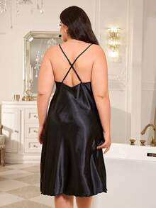 MuseNap CURVE Satin Long Camisole Dress With Fur Trim Neckline And Waist Tie, Plus Size Nightgown - Black - View 6