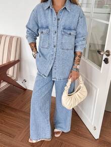 SHEIN EZwear 女款長袖單排扣襯衫與長褲休閒街頭風牛仔套裝 秋季旅行淺藍色 - 中等水洗藍 - 查看 7