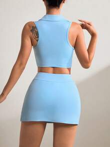 SHEIN 女款純色短版背心與口袋運動裙褲套裝 - 藍色 - 查看 2