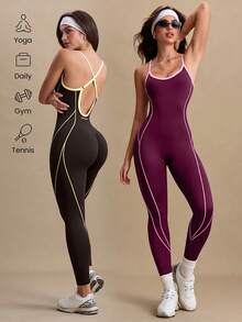 SHEIN Velisys 2件組露背運動瑜伽工作室配色拼接無縫連身衣 - 彩色 - 查看 2
