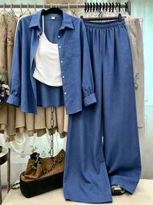 SHEIN 3件套波點長袖數位印花襯衫、波點長褲、黑色細肩帶背心，適合春夏出遊 - 彩色 - 查看 4