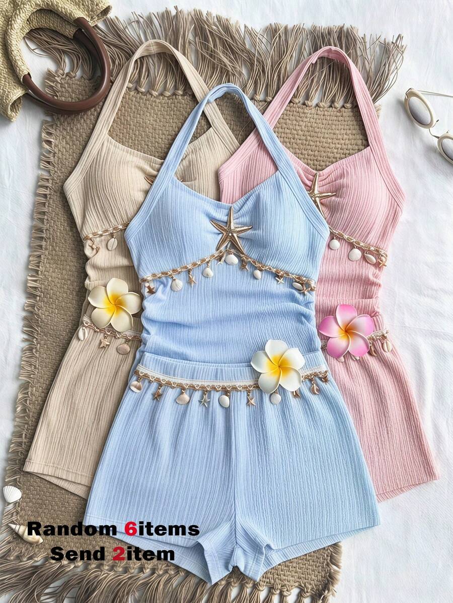 SHEIN Sparklyn 女童大童海洋風掛脖式兩件式泳衣套裝,黃色主調,搭配3D褶皺紋理,掛脖設計貼合肩頸,兼顧活動自由與穿著舒適,上衣飾有水鑽海星,搭配貝殼與金色流蘇 - 藍色 - 查看 1