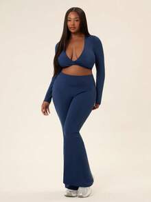 Levarali Plus Size Women's Sports Yoga Fitness Set, Autumn Fall - Navy Blue - View 4