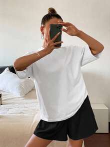 DAZY 女款純色寬鬆短袖T恤與短褲兩件套居家服 - 白色 - 查看 4