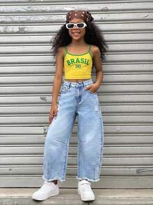 SHEIN 青少年女孩淺藍色破洞寬鬆牛仔褲 度假 世界盃 休閒 Y2K 藍色 夏季 日 - 藍色 - 查看 4