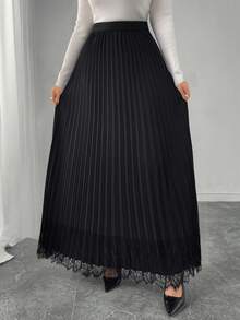 Modelyn Women's Elastic Waist Pleated Lace Patchwork Versatile Elegant Solid Color Skirt - Black - View 1