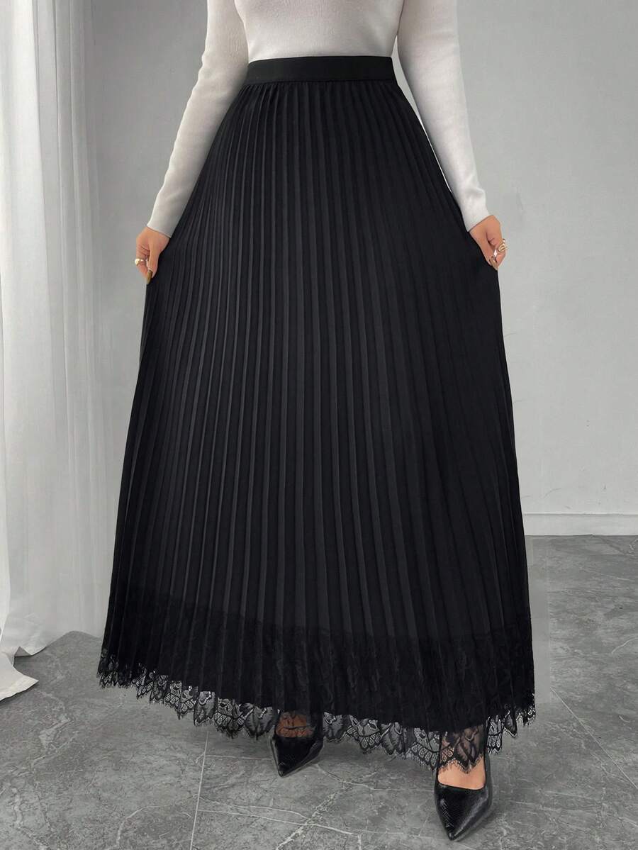 Modelyn Women's Elastic Waist Pleated Lace Patchwork Versatile Elegant Solid Color Skirt - Black - View 1