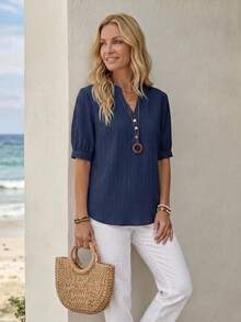 EMERY ROSE Women's Textured Fabric Blue Shirt, Versatile For Work, Commuting, Casual, Teacher, Back To School Season - Blue - View 4