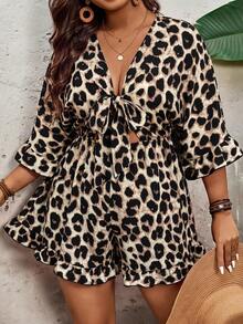 Travachic Plus Size Holiday Solid Color Batwing Sleeve, Ruffle Hem, Tie Waist Jumpsuit - Multicolor - View 4
