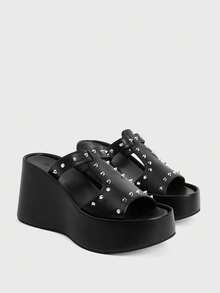 Sugerpunk Ladies Diablo Punk Style Nails Open-Toed Thick-Soled Height Enhancement Fashion Versatile Sandals - Black - View 3
